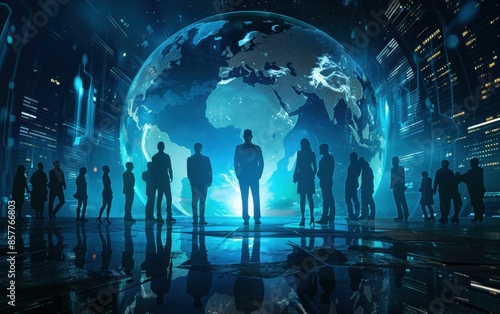 A group of people are standing around a globe in a city. The people are all dressed in business attire and are looking up at the globe. Concept of unity and collaboration among the people