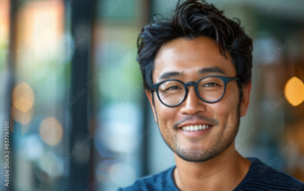 A man with glasses is smiling and looking at the camera. He is wearing a blue shirt. Concept of happiness and confidence A man with glasses is smiling and looking at the camera. He is wearing a blue shirt. Concept of happiness and confidence