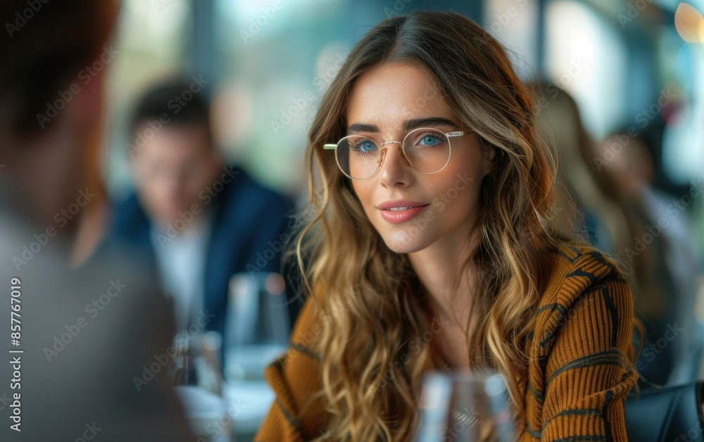 A woman with glasses is sitting at a table with a man. She is smiling and looking at the camera A woman with glasses is sitting at a table with a man. She is smiling and looking at the camera