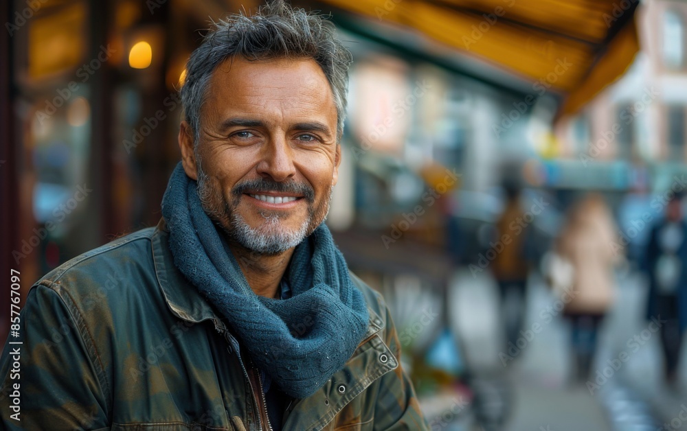 A man with a beard and gray hair is smiling and wearing a scarf. He is standing in front of a building with a yellow awning