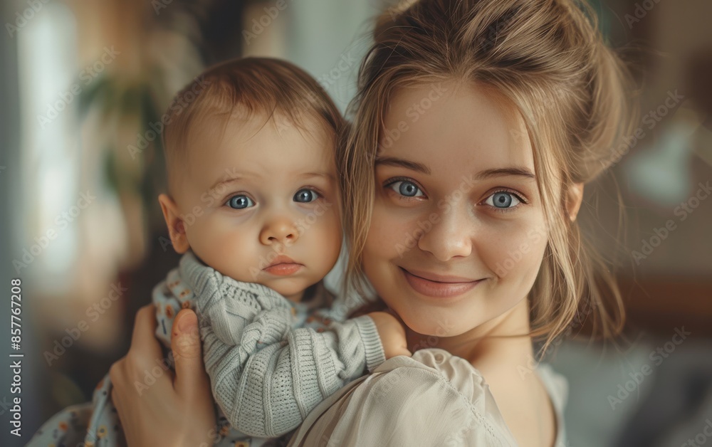 Young Woman Holding Baby With Blue Eyes Indoors Young Woman Holding Baby With Blue Eyes Indoors