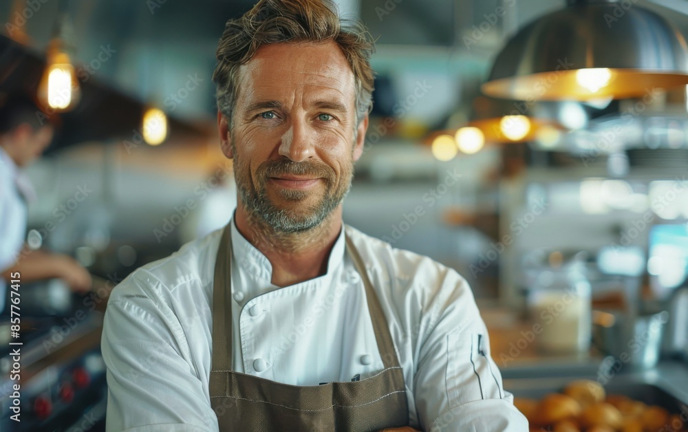 Fototapeta premium A man in a chef's uniform stands in a kitchen with a smile on his face. He is wearing an apron and a chef's hat