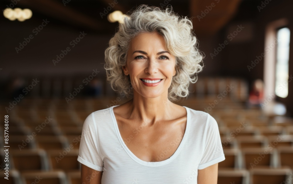 A woman with a white shirt and blonde hair is smiling. She is standing in front of a crowd of people A woman with a white shirt and blonde hair is smiling. She is standing in front of a crowd of people