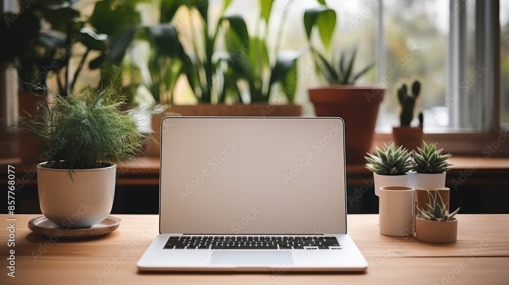 Laptop blank screen on wood table, cafe background Laptop blank screen on wood table, cafe background
