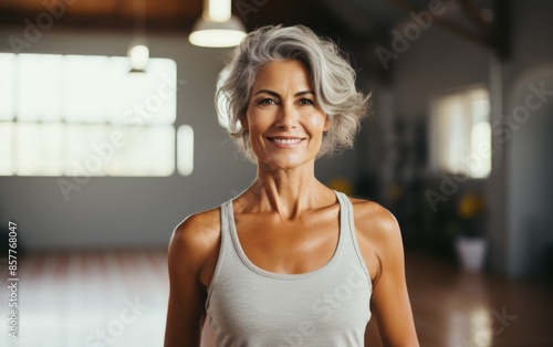 A woman with a gray head of hair is smiling in a gym. She is wearing a tank top and she is enjoying her workout photo