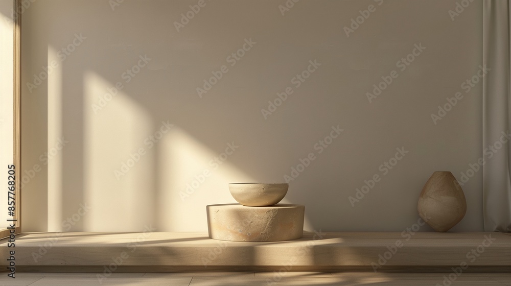 Obraz premium A chic living room with a minimalist design, featuring a single, bold piece of minimalist pottery on a pedestal