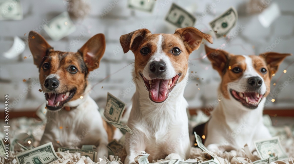 Happy puppys lies on dollars usa and flying dollars around Happy puppys lies on dollars usa and flying dollars around