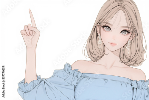 smile Young woman character in blue clothing pointing to the side isolate background