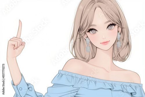 smile Young woman character in blue clothing pointing to the side isolate background