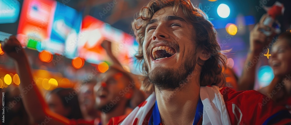 Photograph the excitement of a live sports betting event, with fans cheering on their favorite teams and checking the odds on giant screens. Photograph the excitement of a live sports betting event, with fans cheering on their favorite teams and checking the odds on giant screens.