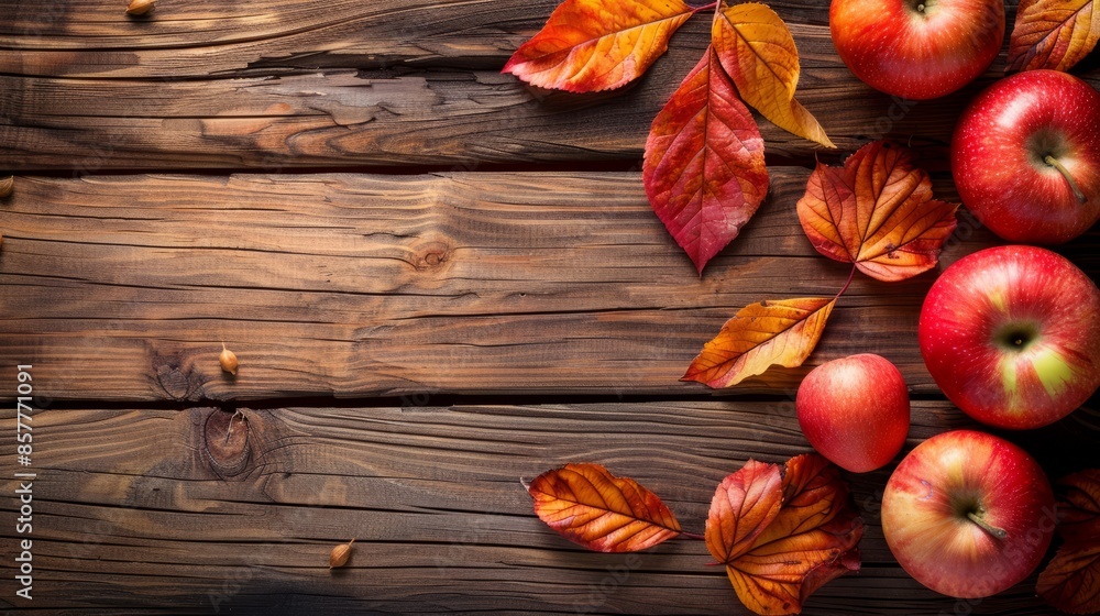 Bright red apples and autumn leaves on a wooden table. top view, copy space Bright red apples and autumn leaves on a wooden table. top view, copy space