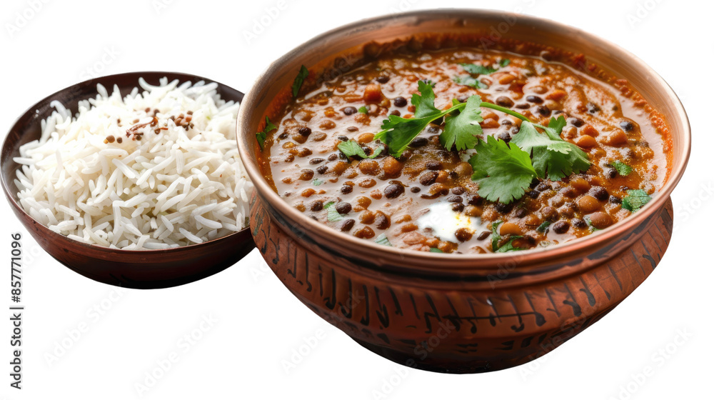 Photograph of a warm and comforting bowl of dal makhani, a lentil stew simmered in butter, cream, and spices, accompanied by a side of jeera rice on a transparent background. Photograph of a warm and comforting bowl of dal makhani, a lentil stew simmered in butter, cream, and spices, accompanied by a side of jeera rice on a transparent background.