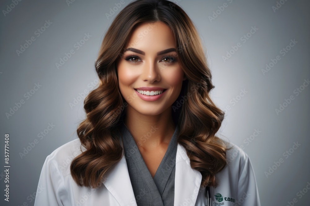 Smiling young woman doctor in a white coat at a hospital Smiling young woman doctor in a white coat at a hospital
