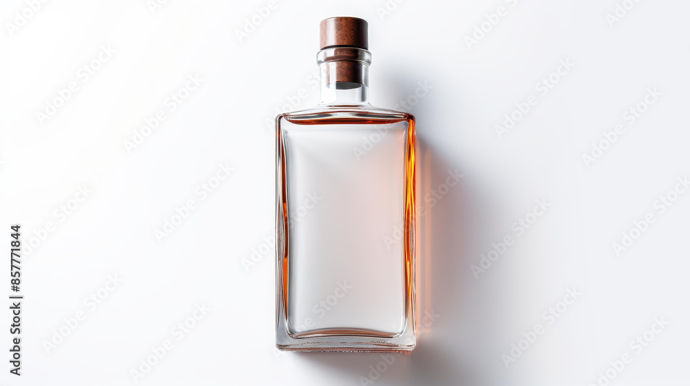 Elegant and Classic Glass Bottle of Rum with Cork Stopper on Clean White Background.