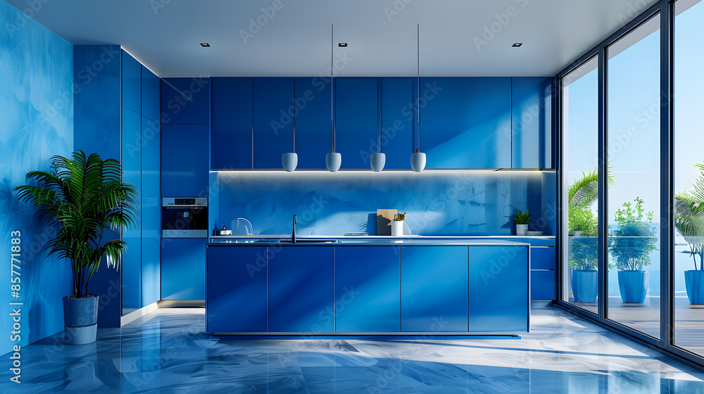Stunning personalized kitchen design with blue color scheme visualized in a drawing and photo blend Stunning personalized kitchen design with blue color scheme visualized in a drawing and photo blend