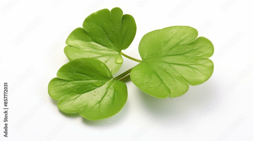 Vibrant green clover leaf with detailed segments on a white backdrop. Vibrant green clover leaf with detailed segments on a white backdrop.