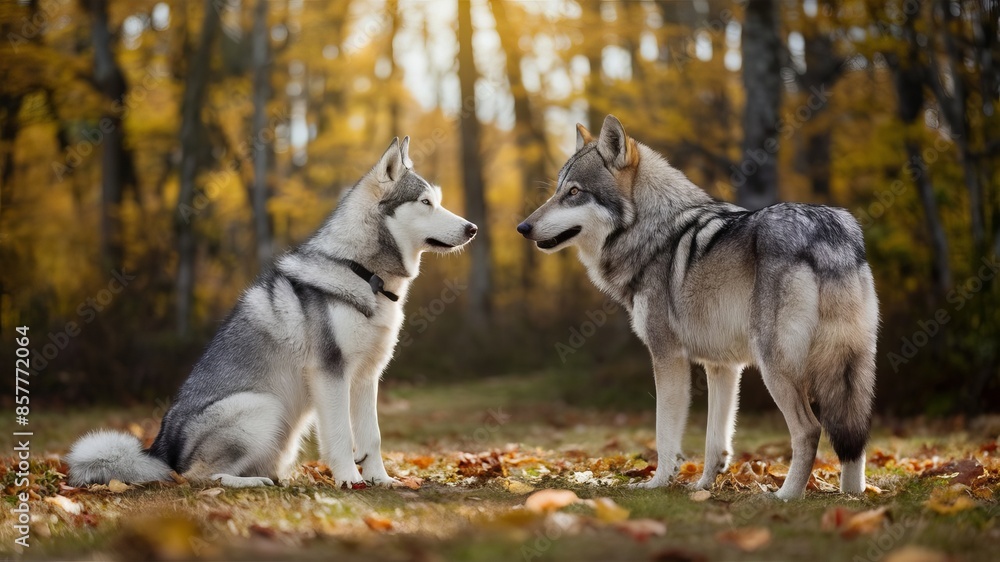 Siberian Husky face to face with wolf Siberian Husky face to face with wolf