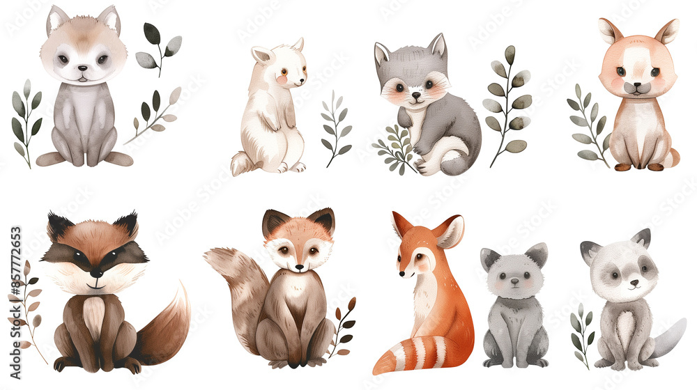 Fototapeta premium Cute animals in watercolor style, clip art set for nursery and baby room decor, white background, Generative AI