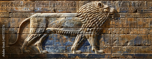 Ancient cuneiform Sumerian text and relief of a lion, a mythical Assyrian deity. Historical background on the theme of civilizations of Assyria, Mesopotamia, Babylon, interfluve, Sumerian