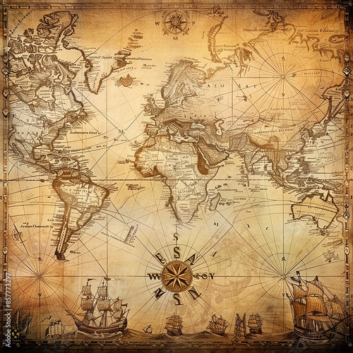 Old map collage background. A concept on the topic of sea voyages, discoveries, pirates, sailors, geography, travel and history. Pirate, travel and nautical background