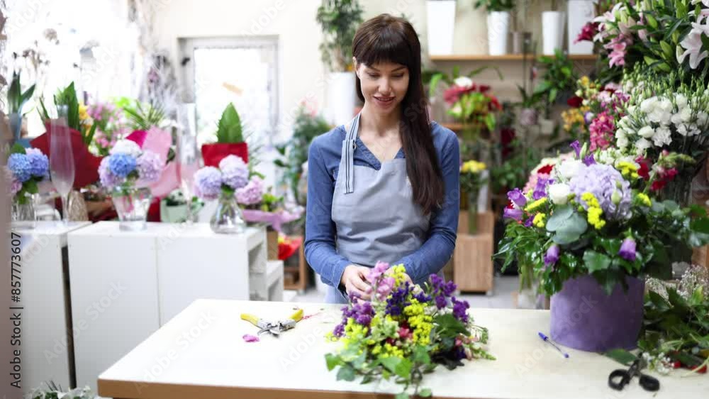 Florist enjoying while making a flower bouquet Florist enjoying while making a flower bouquet