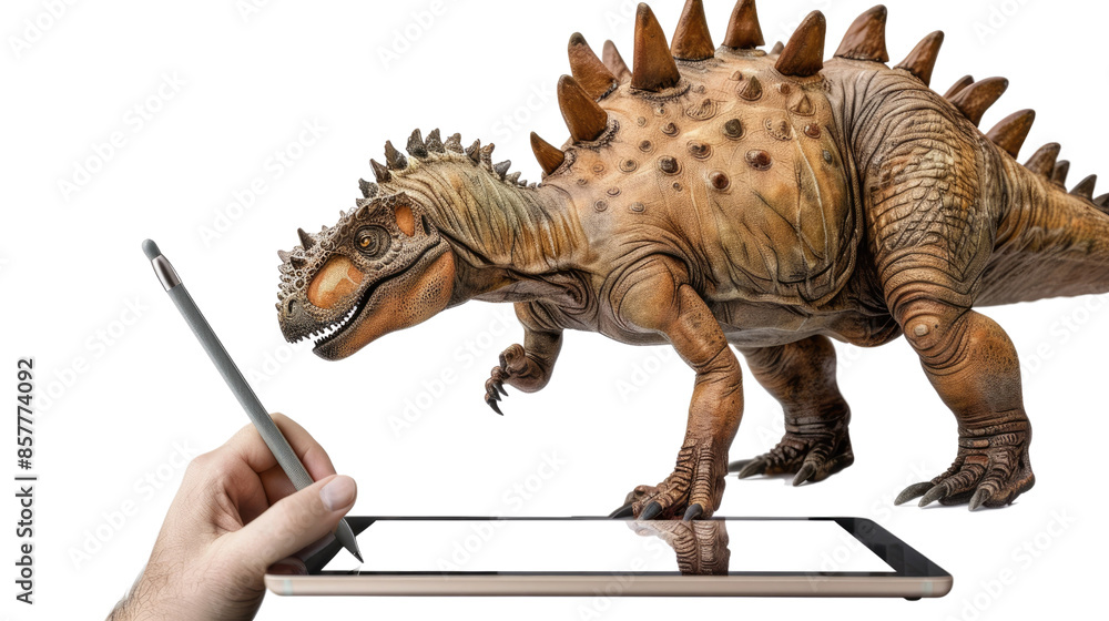 Photograph of a stegosaurus using a stylus on a tablet, with a transparent background Photograph of a stegosaurus using a stylus on a tablet, with a transparent background