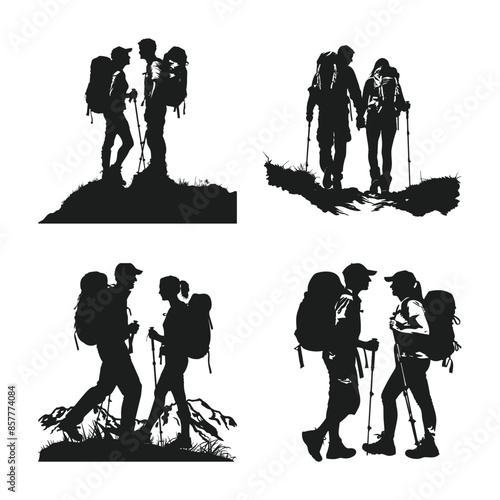 A set of couple hiker silhouette vector