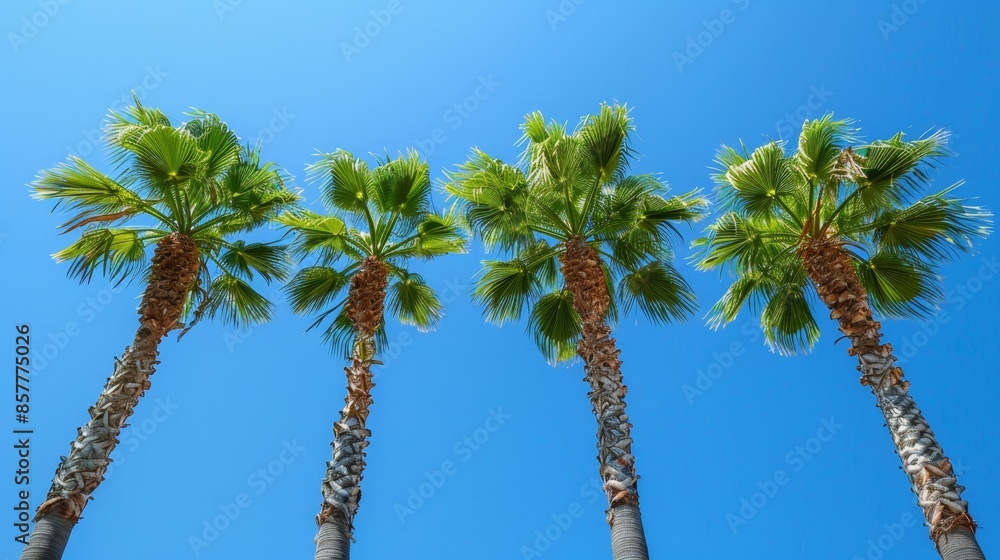Obraz premium Serene Tropical Paradise with Lush Palm Trees Against a Vivid Blue Sky