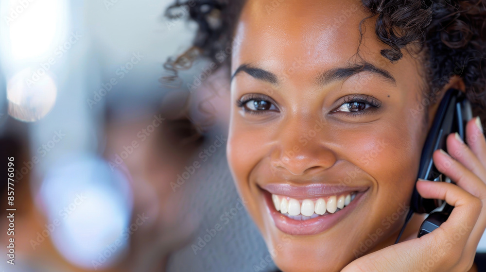 Smiling woman talking on phone in bright modern office setting Smiling woman talking on phone in bright modern office setting
