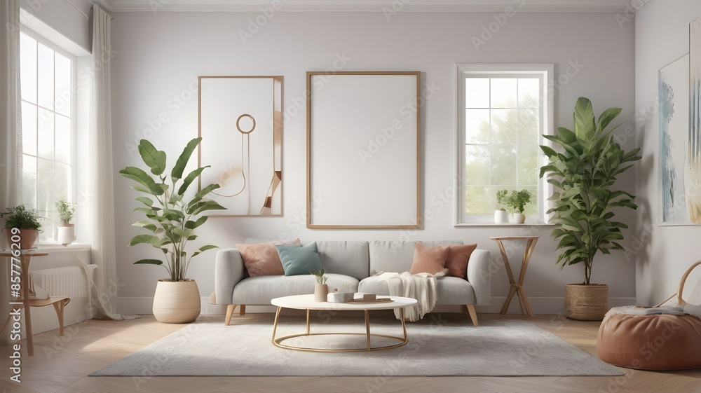 Fototapeta premium Frame mockup, ISO A paper size. Interior mockup with house background. Modern interior design. Living room wall poster mockup ,3D render