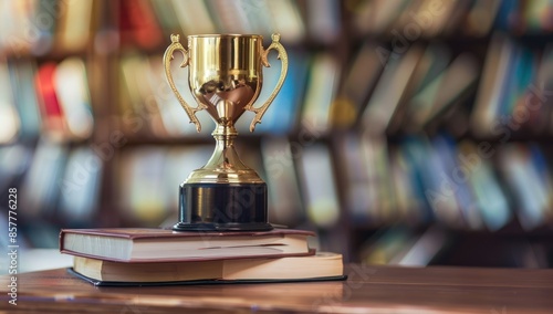 Golden Trophy on a Stack of Books with Bookshelf in Background