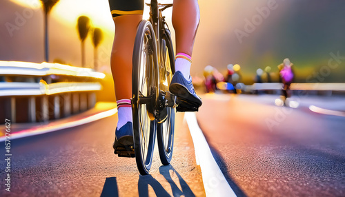 Close-up of cyclists' feet pedaling during a race, showcasing the intensity and focus of competitive cycling, with sunlight casting warm tones on the road and bicycles.
