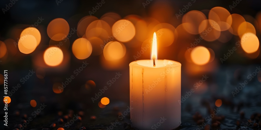 White candle burning in dark symbolizing remembrance on Memorial Day. Concept Memorial Day, Candlelight, Remembrance, Symbolism, Tribute White candle burning in dark symbolizing remembrance on Memorial Day. Concept Memorial Day, Candlelight, Remembrance, Symbolism, Tribute