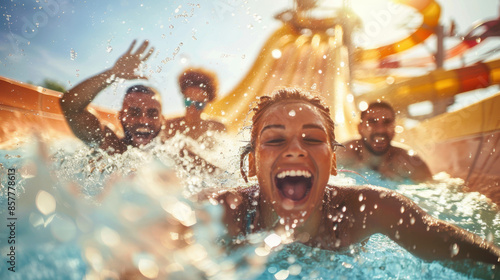 Group of friends enjoying water slide at an outdoor water park on a sunny day