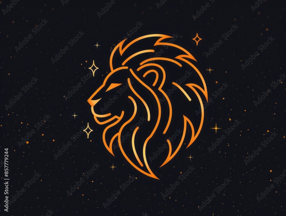 Leo zodiac sign, stylized lion head glowing in neon against a starry night sky. Leo zodiac sign, stylized lion head glowing in neon against a starry night sky.
