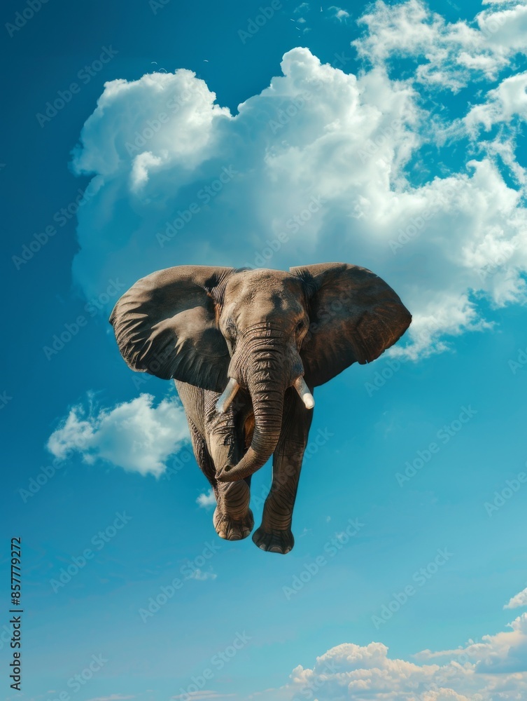 Fototapeta premium Flying elephant against a background of blue sky and clouds. Animal in the air