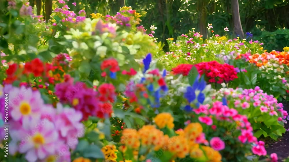 A vibrant garden bursting with a variety of colorful flowers in full bloom, Capturing the beauty of a blooming flower garden A vibrant garden bursting with a variety of colorful flowers in full bloom, Capturing the beauty of a blooming flower garden