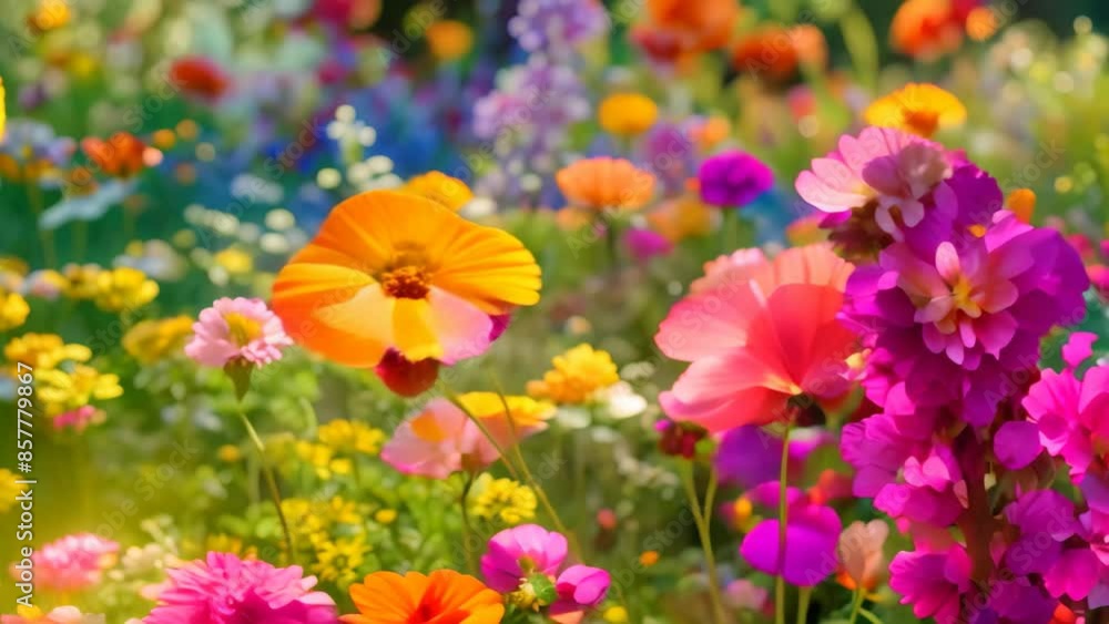 A field filled with diverse, vibrant flowers borders a dense forest, creating a striking natural contrast, Capturing the beauty of a blooming flower garden A field filled with diverse, vibrant flowers borders a dense forest, creating a striking natural contrast, Capturing the beauty of a blooming flower garden