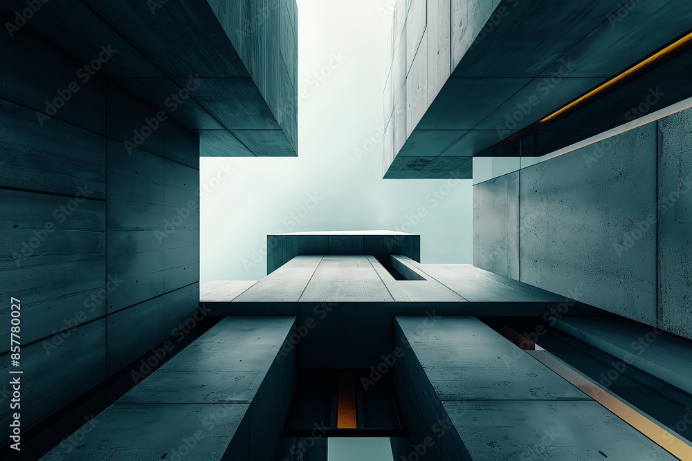 Obraz premium A modern architectural structure with geometric lines and concrete blocks against a cloudy sky background. Minimalist urban design concept.