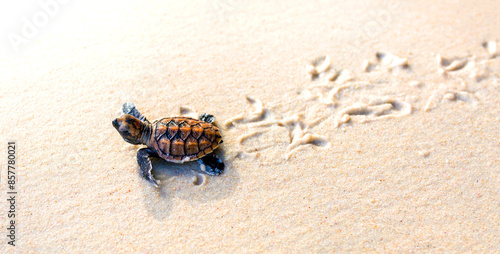 Canvastavla Little Sea Turtle Cub, Crawls along the Sandy shore in the direction of the ocea