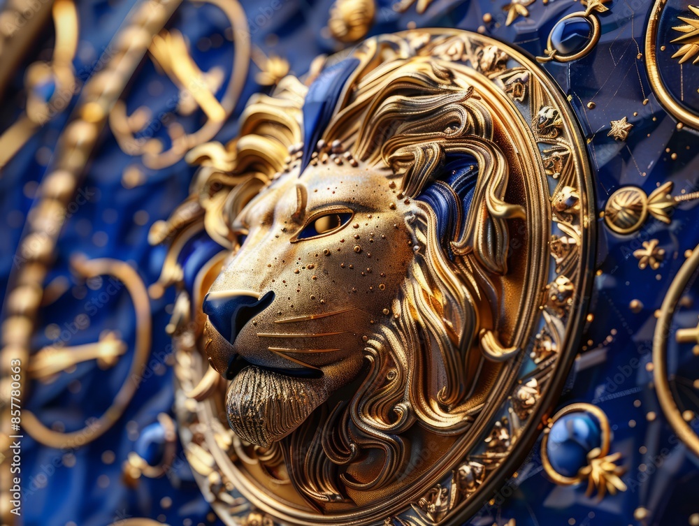Leo zodiac sign, intricate lion sculpture with a blue background, featuring astrological symbols. Leo zodiac sign, intricate lion sculpture with a blue background, featuring astrological symbols.