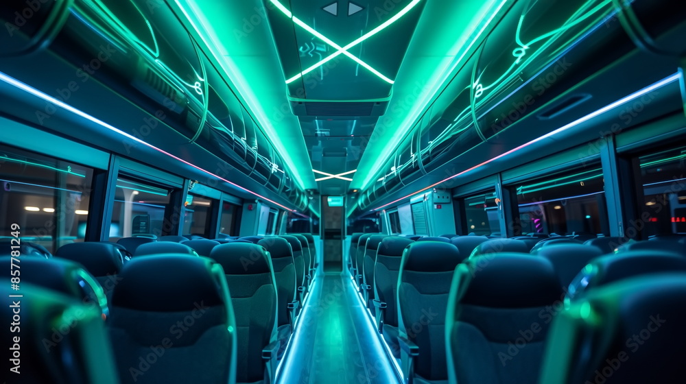 Obraz premium train seats cabin with green neon light