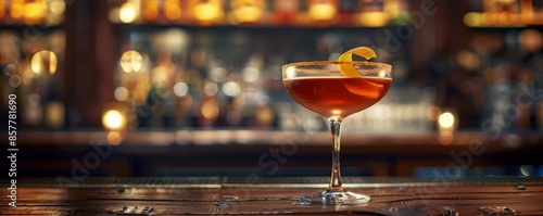 A Single Cocktail With Orange Twist on a Bar Countertop