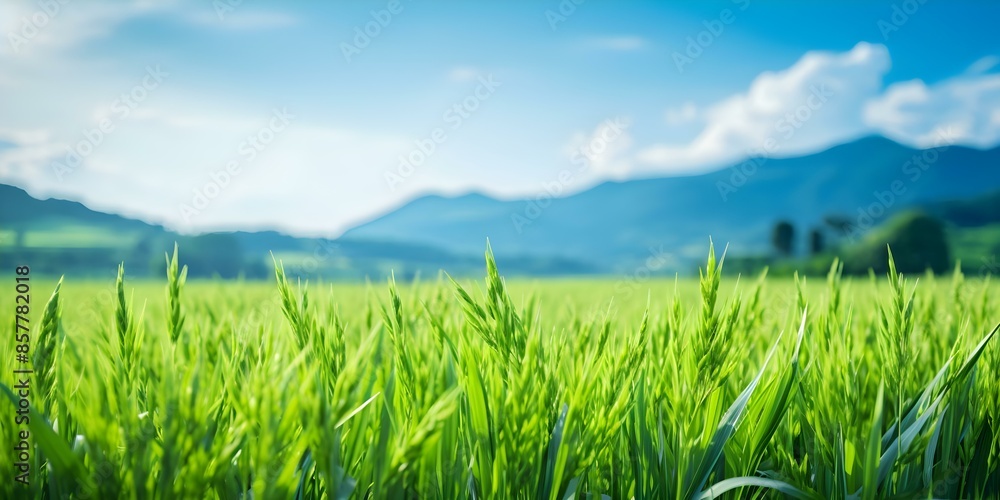 Obraz premium Vibrant green rice field with lush plantation colorful panoramic view. Concept Nature, Greenery, Landscape, Agriculture, Vibrant Colors