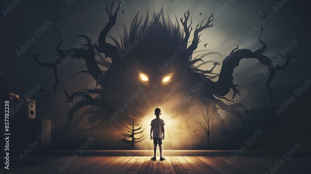 Fototapeta premium Child conquering nightmares and imaginary monsters in psychology banner.