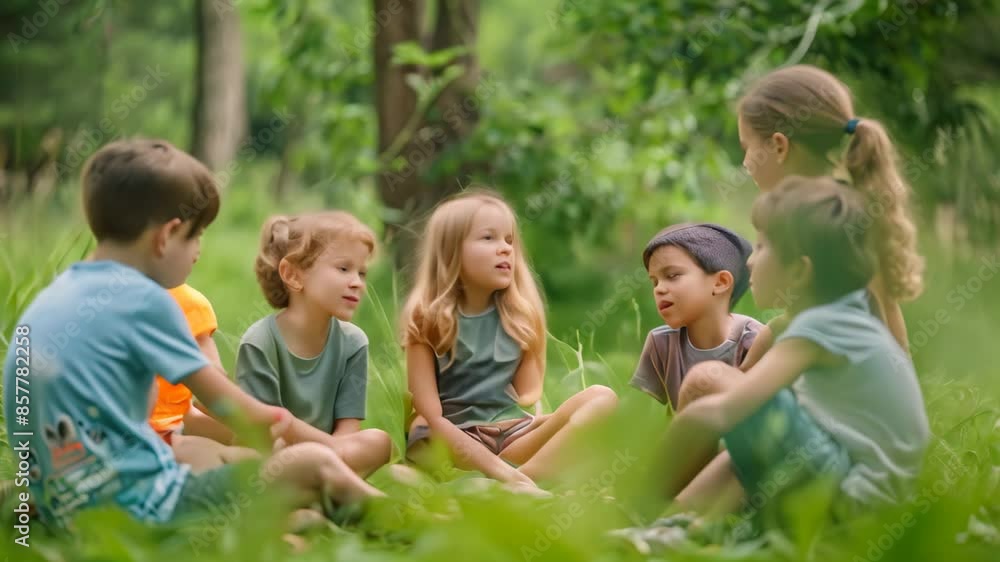 A group of children sit in a circle on the forest floor, sharing secrets and enjoying nature, Children sitting in a circle sharing secrets A group of children sit in a circle on the forest floor, sharing secrets and enjoying nature, Children sitting in a circle sharing secrets