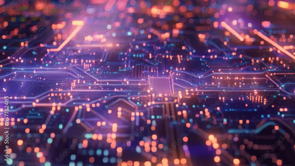 Detailed view of circuits and nodes on a computer motherboard creating ...