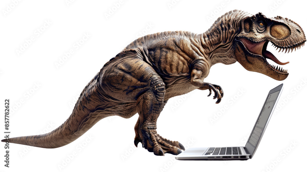 Obraz premium Photograph of a photorealistic Tyrannosaurus Rex working on a MacBook Pro, with a transparent background.