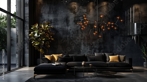 A high-end living room with a black sofa, dark concrete walls, and a dramatic, black chandelier