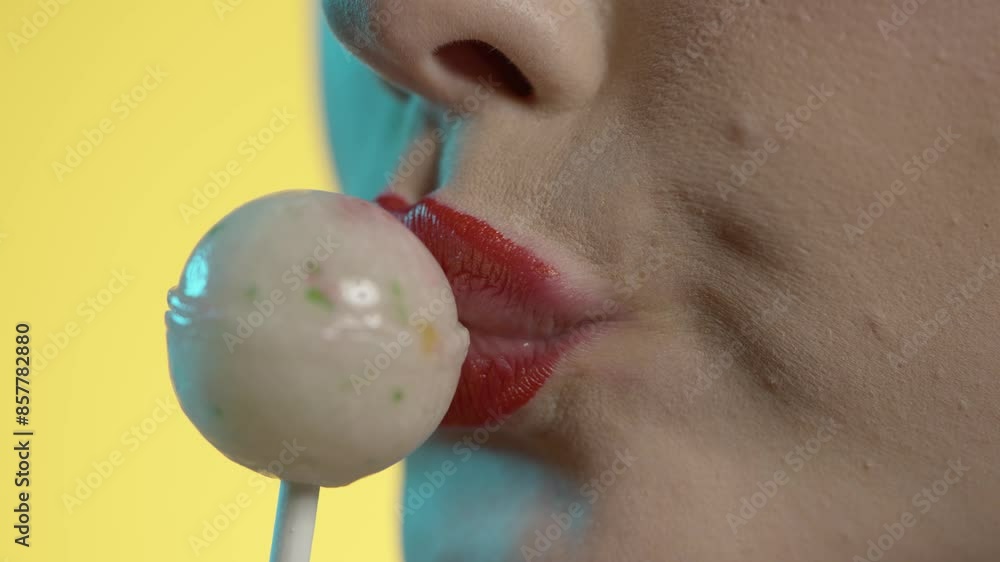 Close Up Of Woman's Mouth Lips With Red Lipstick Licking Lollipop Candy With Tongue, Studio Shot Close Up Of Woman's Mouth Lips With Red Lipstick Licking Lollipop Candy With Tongue, Studio Shot